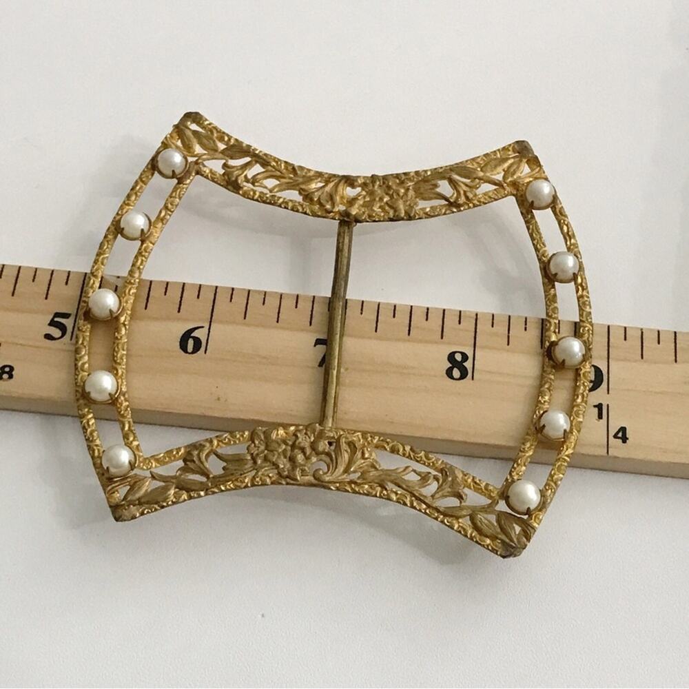 Vintage Ornate Filigree Pearl Gold Gilt Victorian Sash Belt Buckle Large Estate